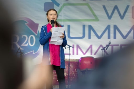 La militante suédoise pour le climat Greta Thunberg, 16 ans, intervenant devant 1.200 décideurs et chercheurs lors d'une conférence sur le climat à Vienne, le 28 mai 2019. Amnesty international lui a attribé pour son action son prix le plus prestigieux © AFP ALEX HALADA