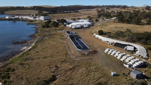 Vue aérienne de la ferme marine de Sea Forest à Triabunna, le 26 mars 2025 en Tasmanie © AFP Gregory PLESSE