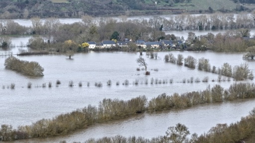 La crue autour du village de Denée, près d'Angers, dans l'ouest de la France, le 16 février 2026. © AFP DAMIEN MEYER